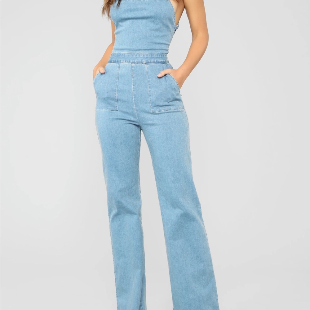 NWOT Fashion Nova Denim Wide leg Jumpsuit with open back